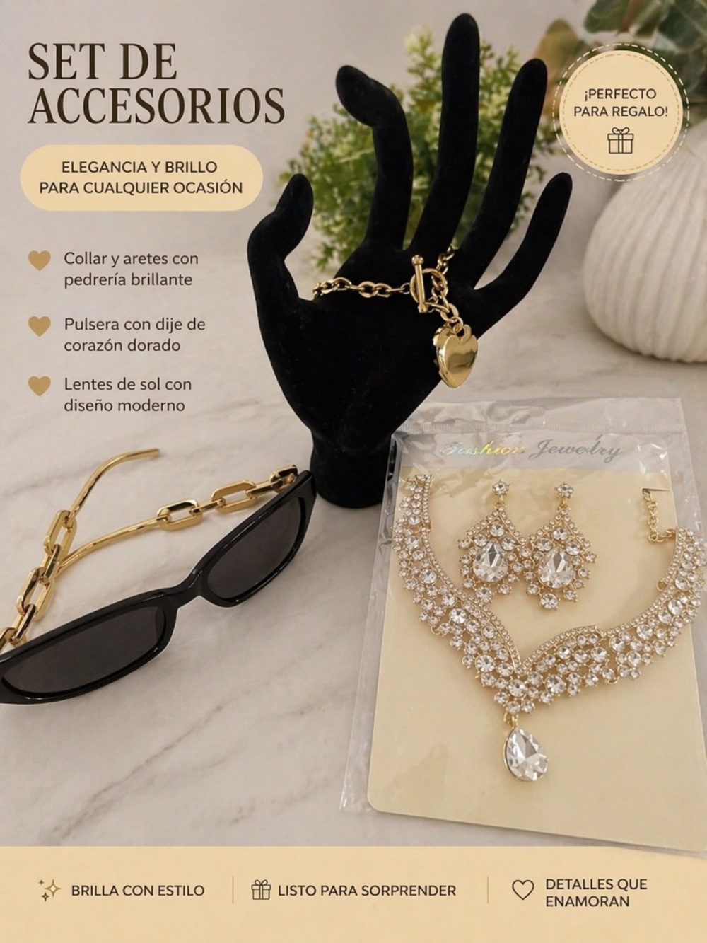 Gold Heart Charm Bracelet with Rhinestone Jewelry Set
